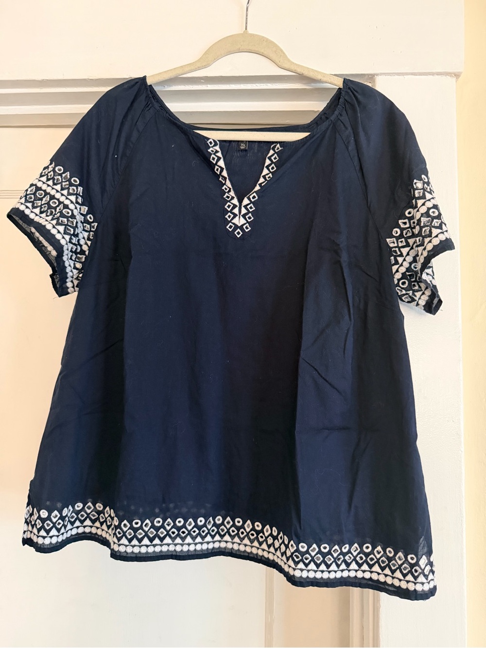 Talbots Navy Short-Sleeve Embroidered Peasant Blouse